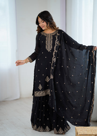 Black Crunchy Silk Pakistani Suit - Party Wear Sharara Suit