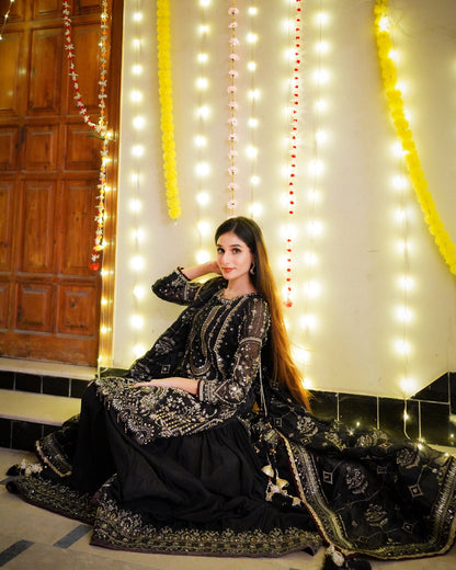 Party Wear Georgette Plazzo Suit Set with Heavy Embroidery