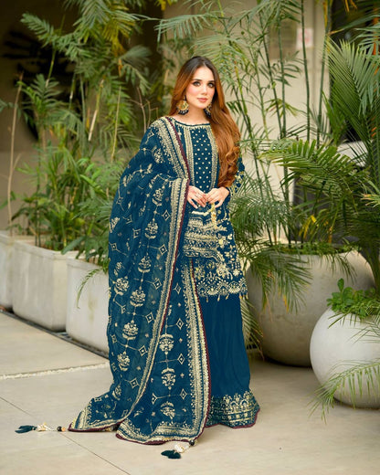 Party Wear Georgette Plazzo Suit Set with Heavy Embroidery