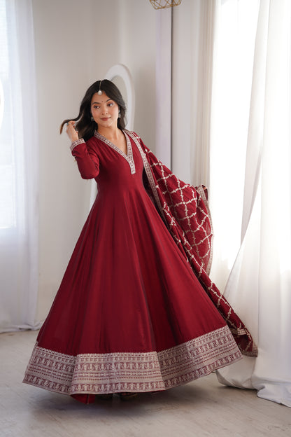 Wine Pink Blooming Silk Anarkali Suit for Wedding Party Wear