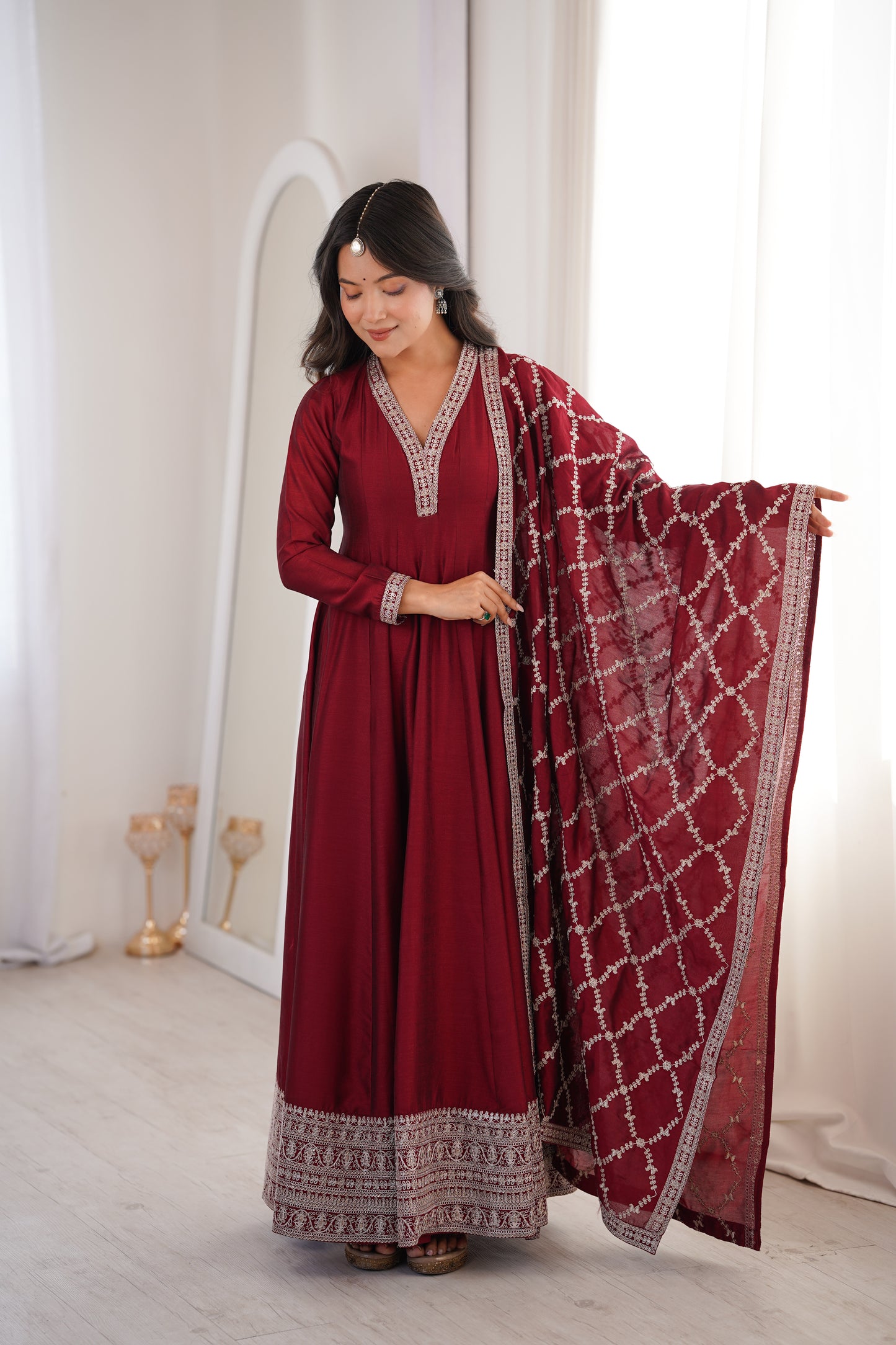 Wine Pink Blooming Silk Anarkali Suit for Wedding Party Wear
