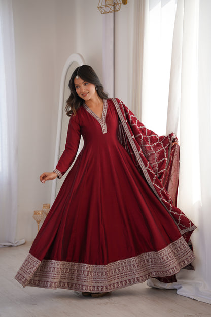 Wine Pink Blooming Silk Anarkali Suit for Wedding Party Wear