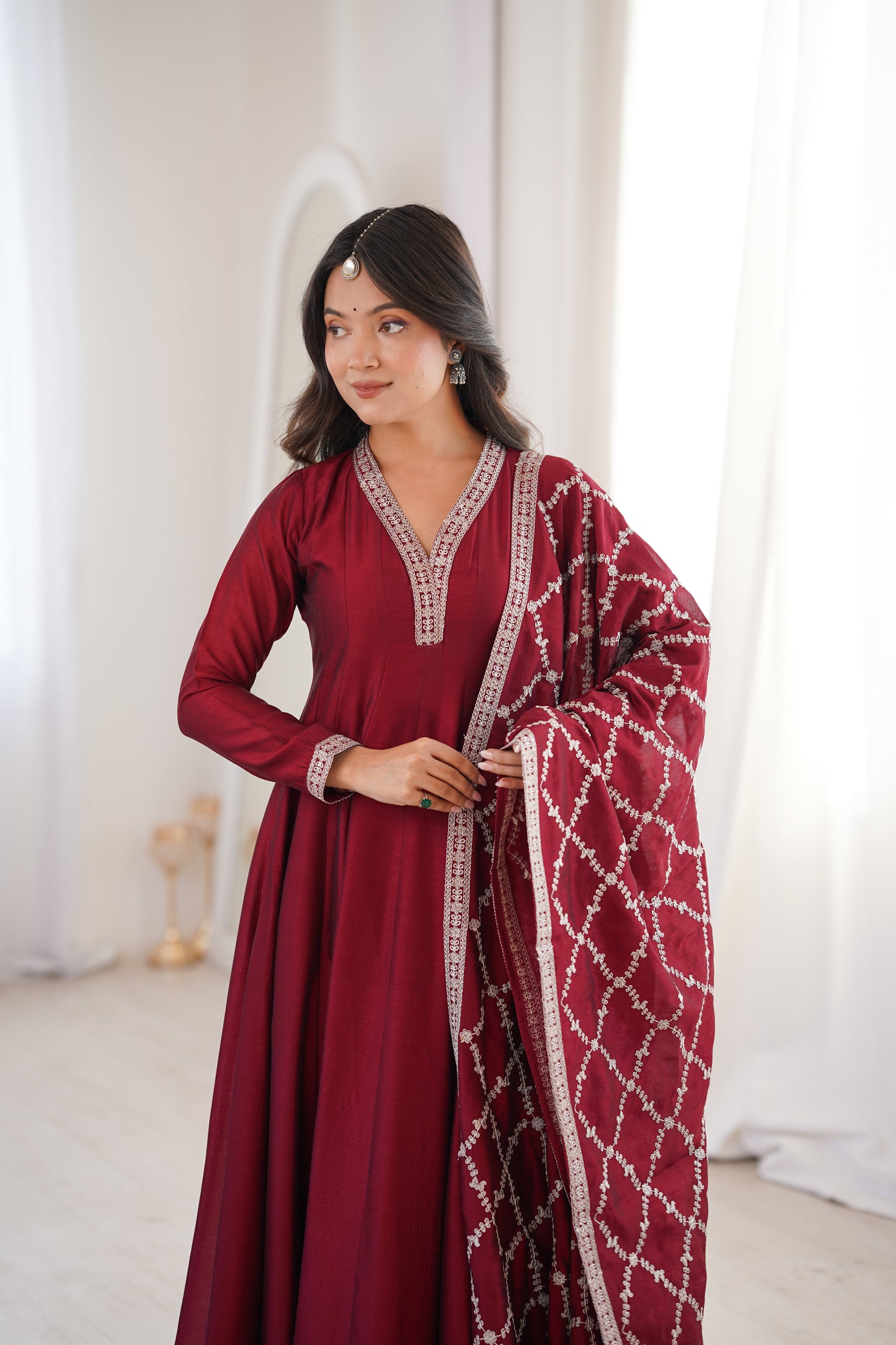 Wine Pink Blooming Silk Anarkali Suit for Wedding Party Wear