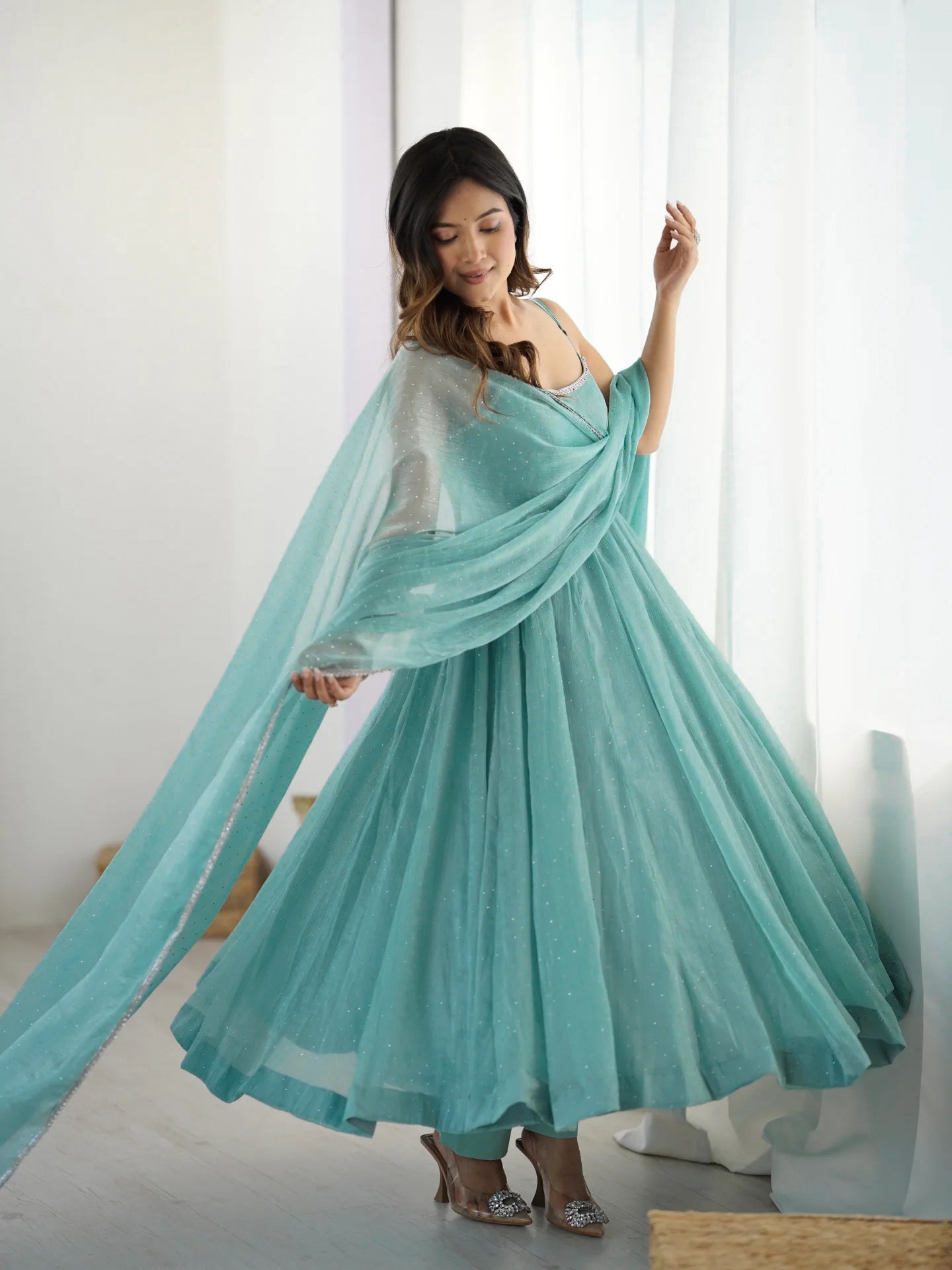 Sparkling Silk Anarkali Salwar Kameez Suit with Dupatta