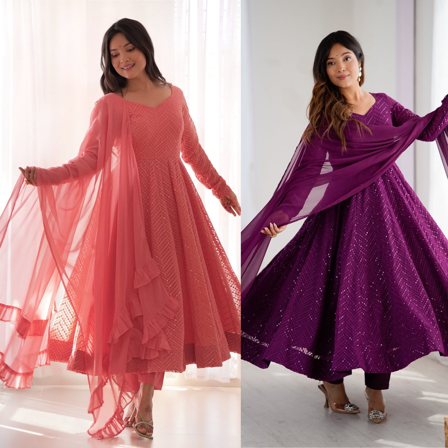 Lukhnowi Georgette Anarkali Suit for Women with Ruffle Dupatta