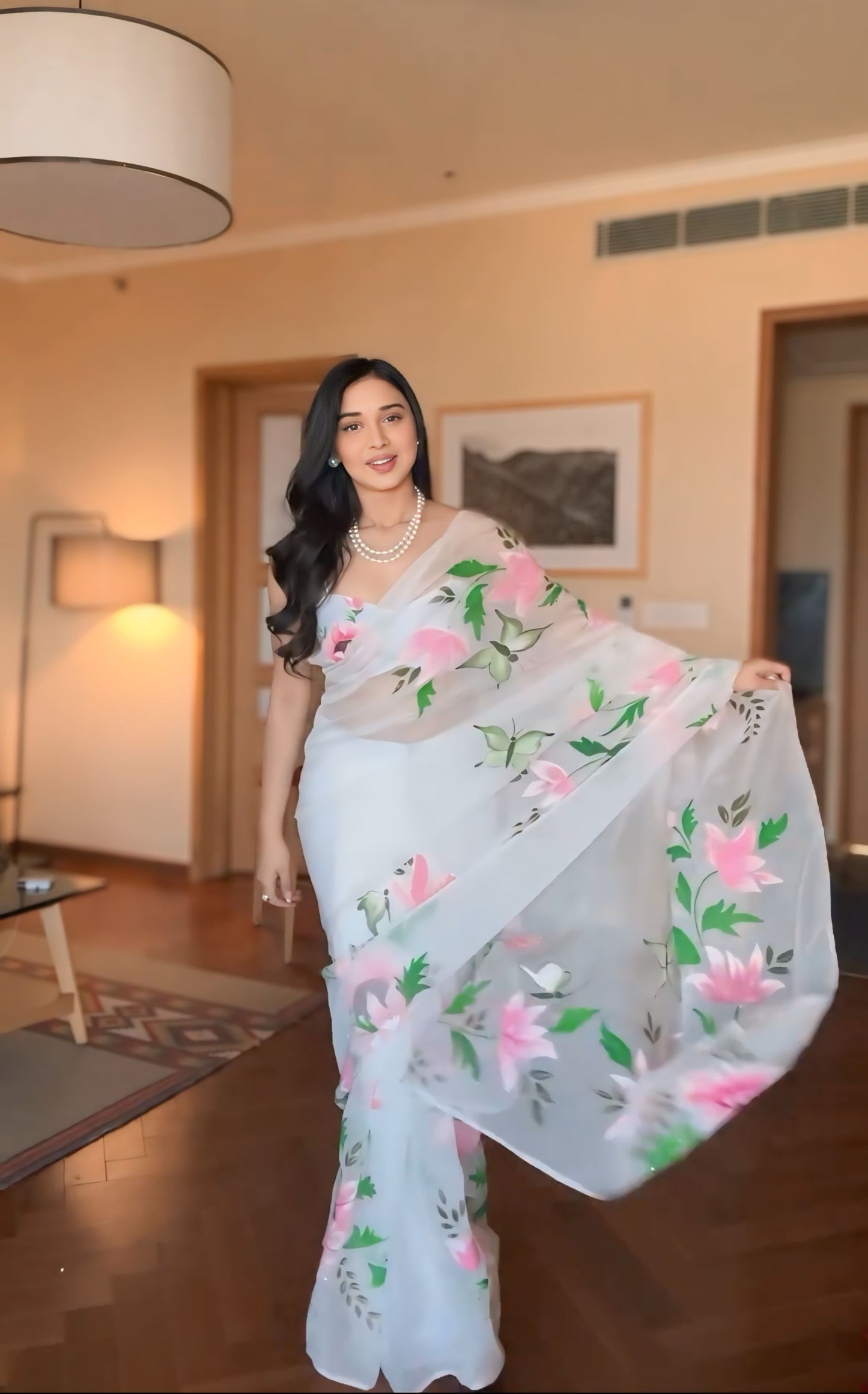White Floral Print Linen Ready to Wear Saree