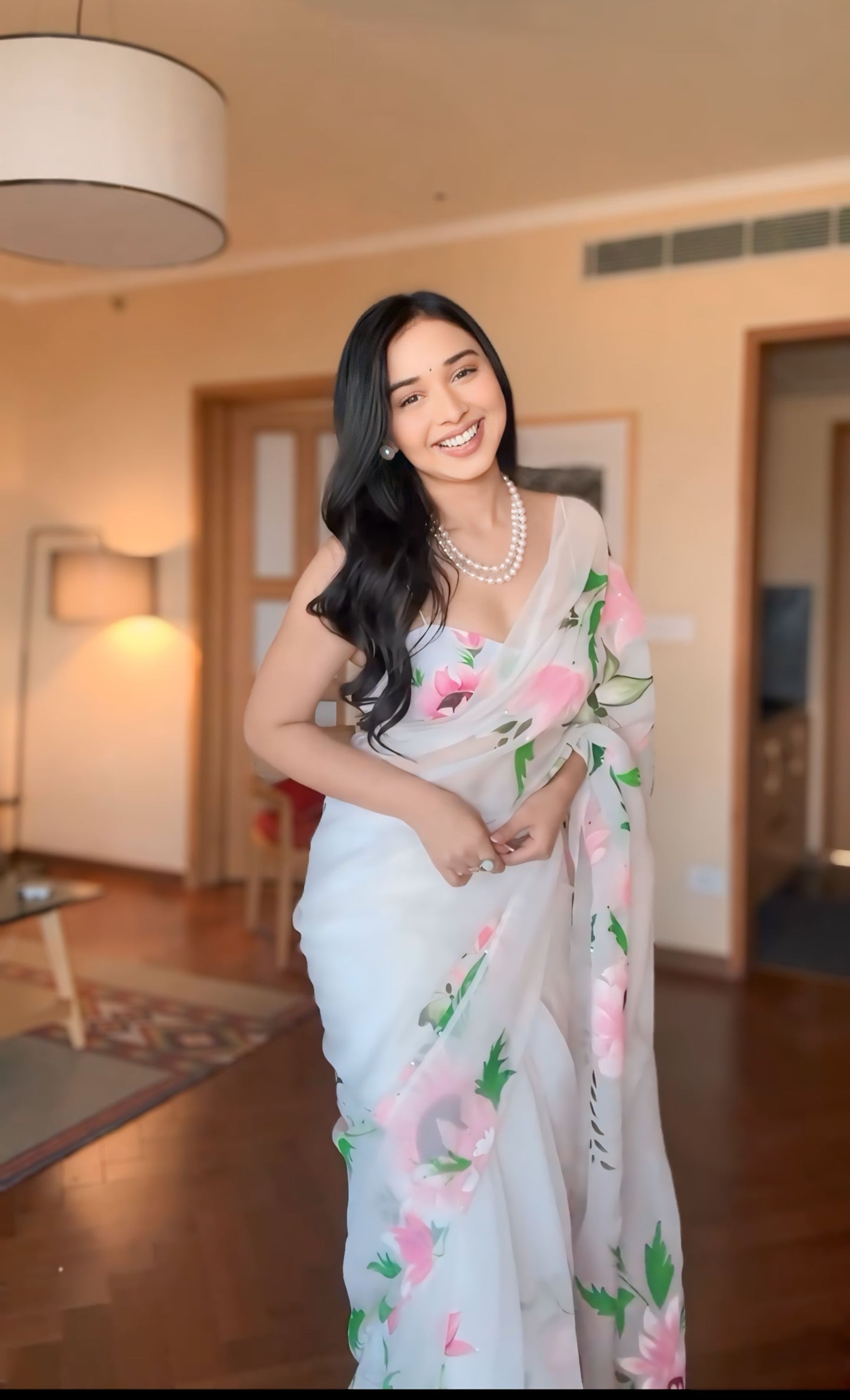 White Floral Print Linen Ready to Wear Saree