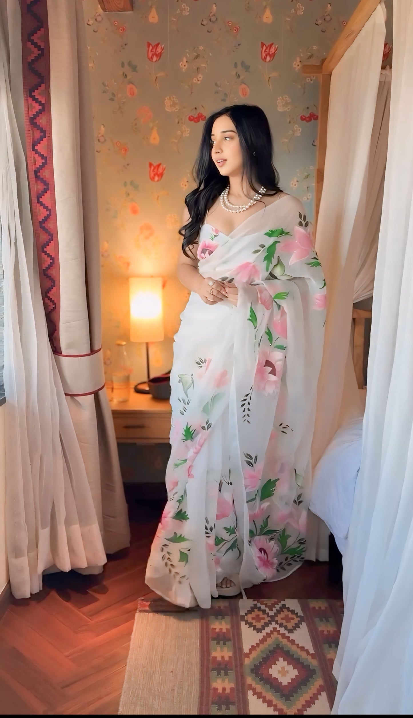 White Floral Print Linen Ready to Wear Saree
