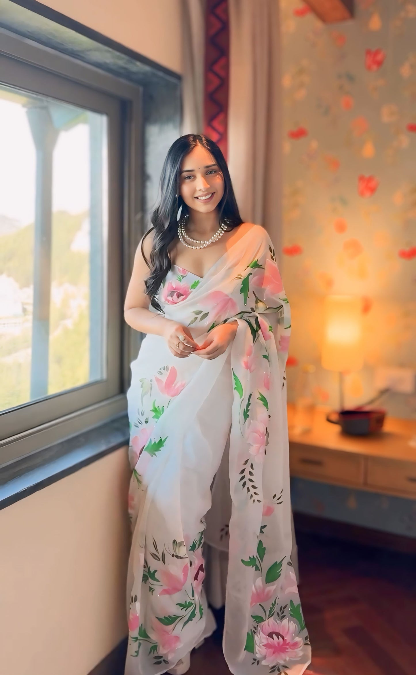 White Floral Print Linen Ready to Wear Saree