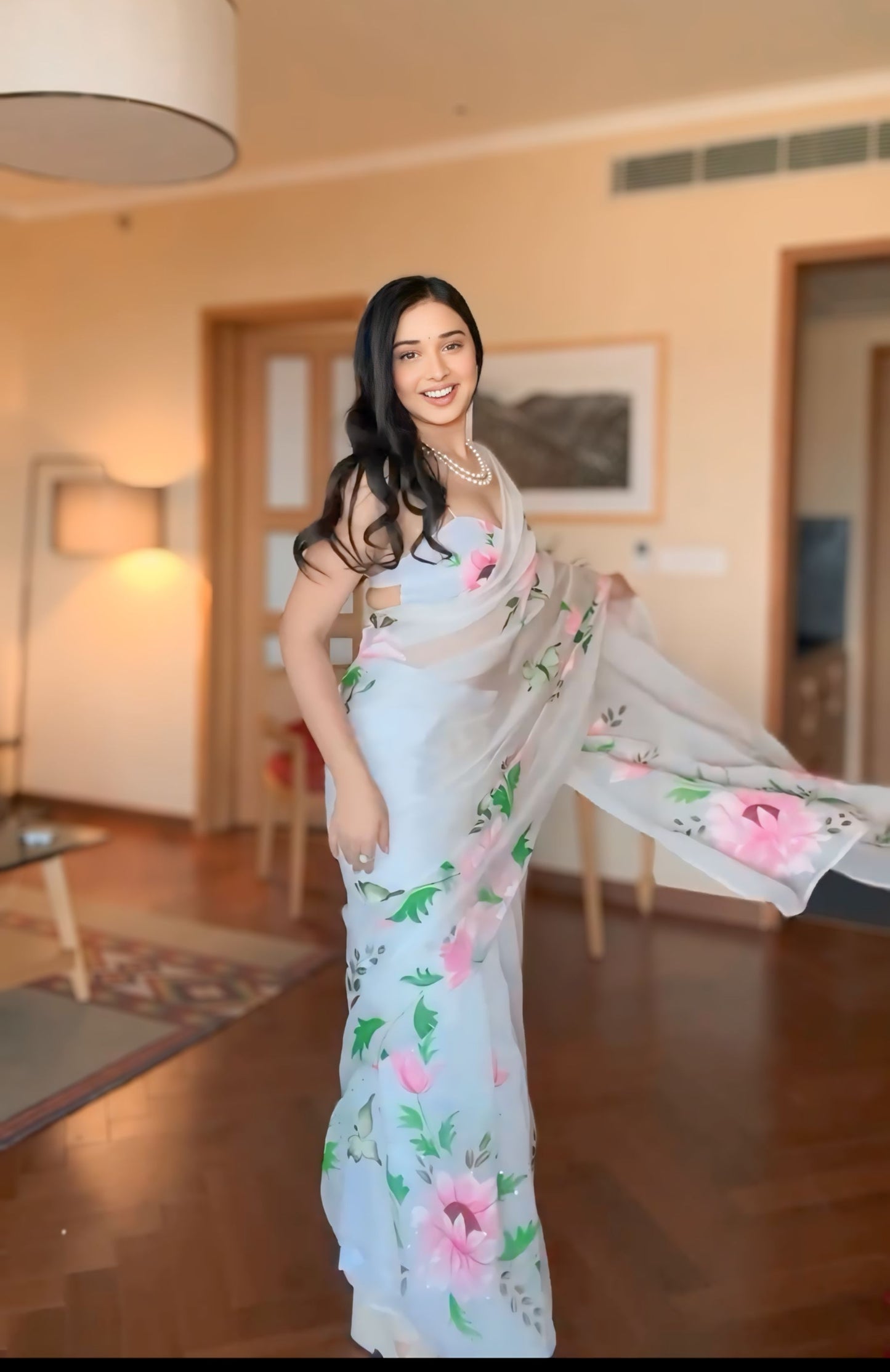 White Floral Print Linen Ready to Wear Saree