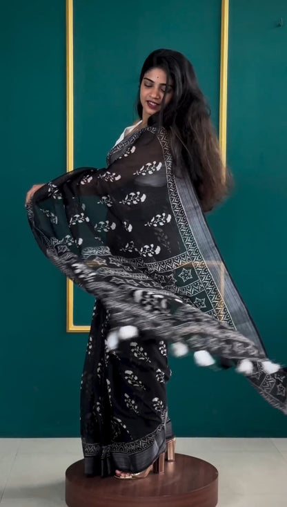 Elegant Black & White Floral Printed Linen Ready to Wear Saree