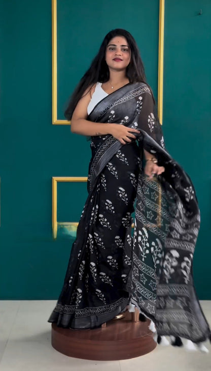 Elegant Black & White Floral Printed Linen Ready to Wear Saree
