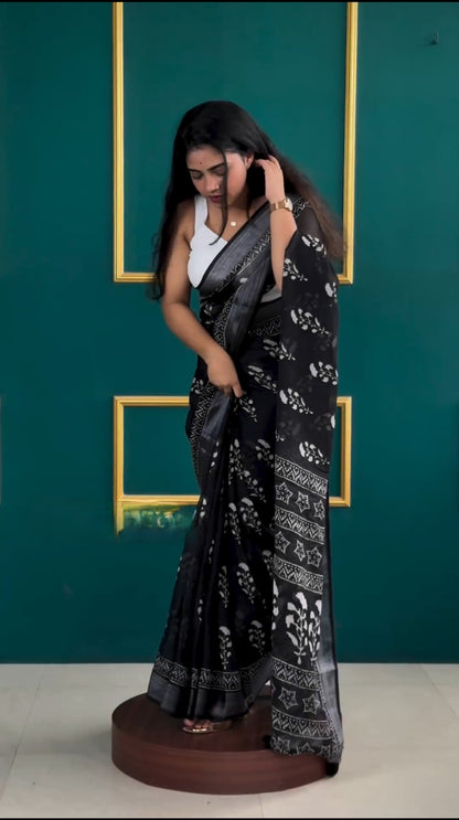 Elegant Black & White Floral Printed Linen Ready to Wear Saree