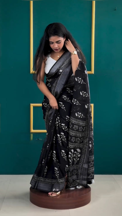 Elegant Black & White Floral Printed Linen Ready to Wear Saree
