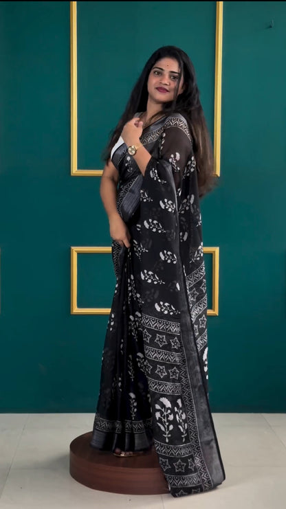 Elegant Black & White Floral Printed Linen Ready to Wear Saree