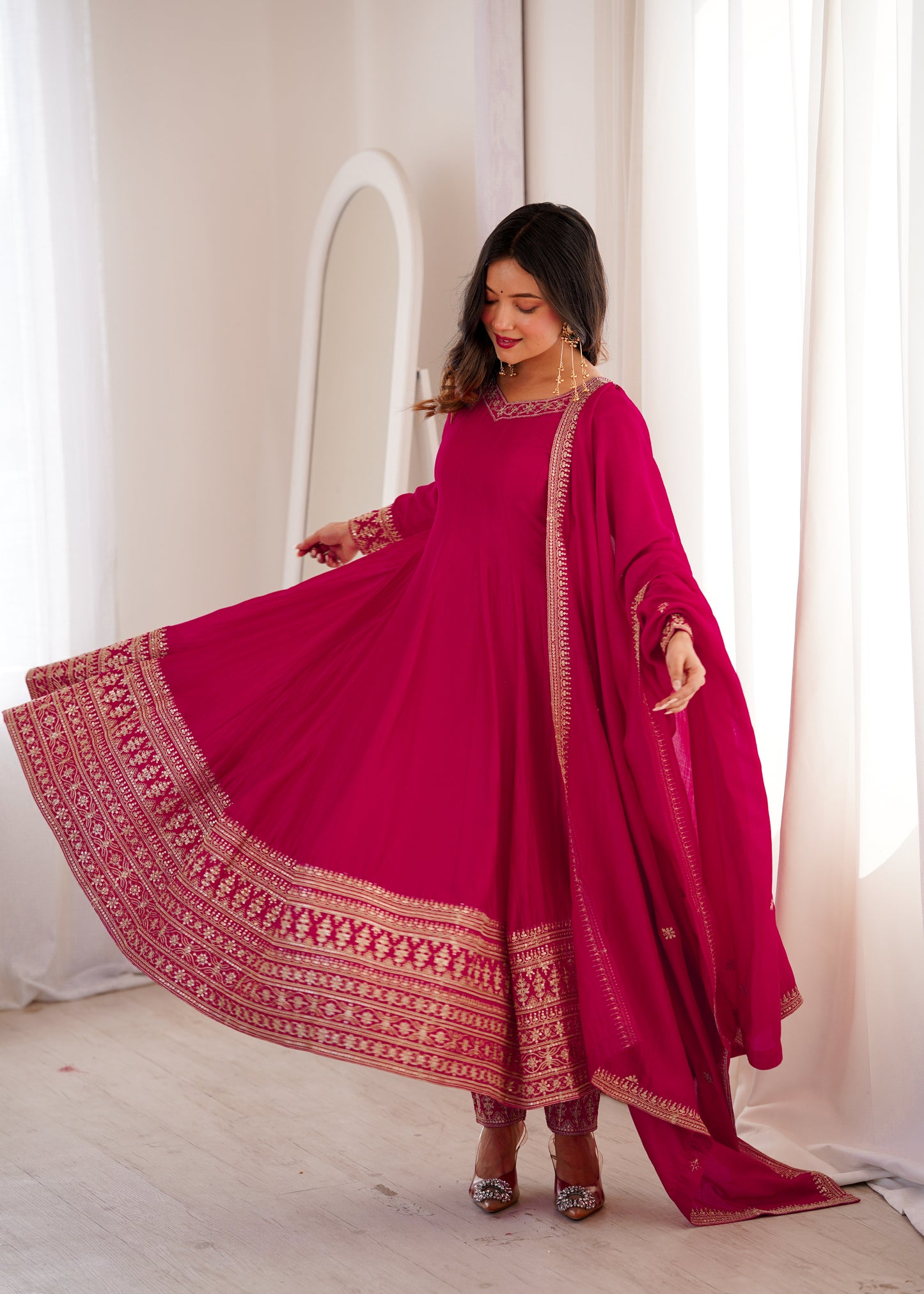Dark Pink Silk Anarkali Salwar Suit Party Wear for Women