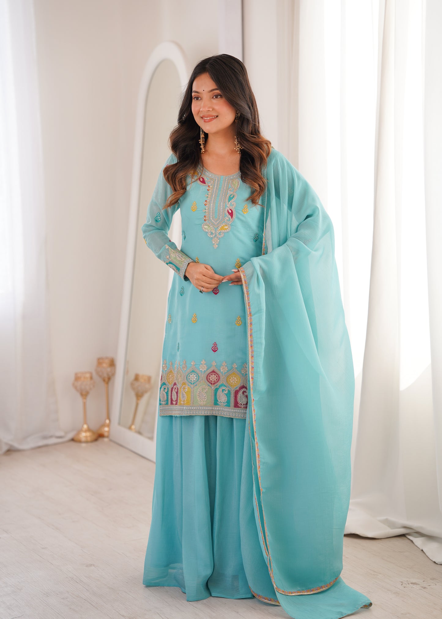 Sky Blue Soft Crunchy Silk Embroidered Kurta Palazzo Set with Dupatta