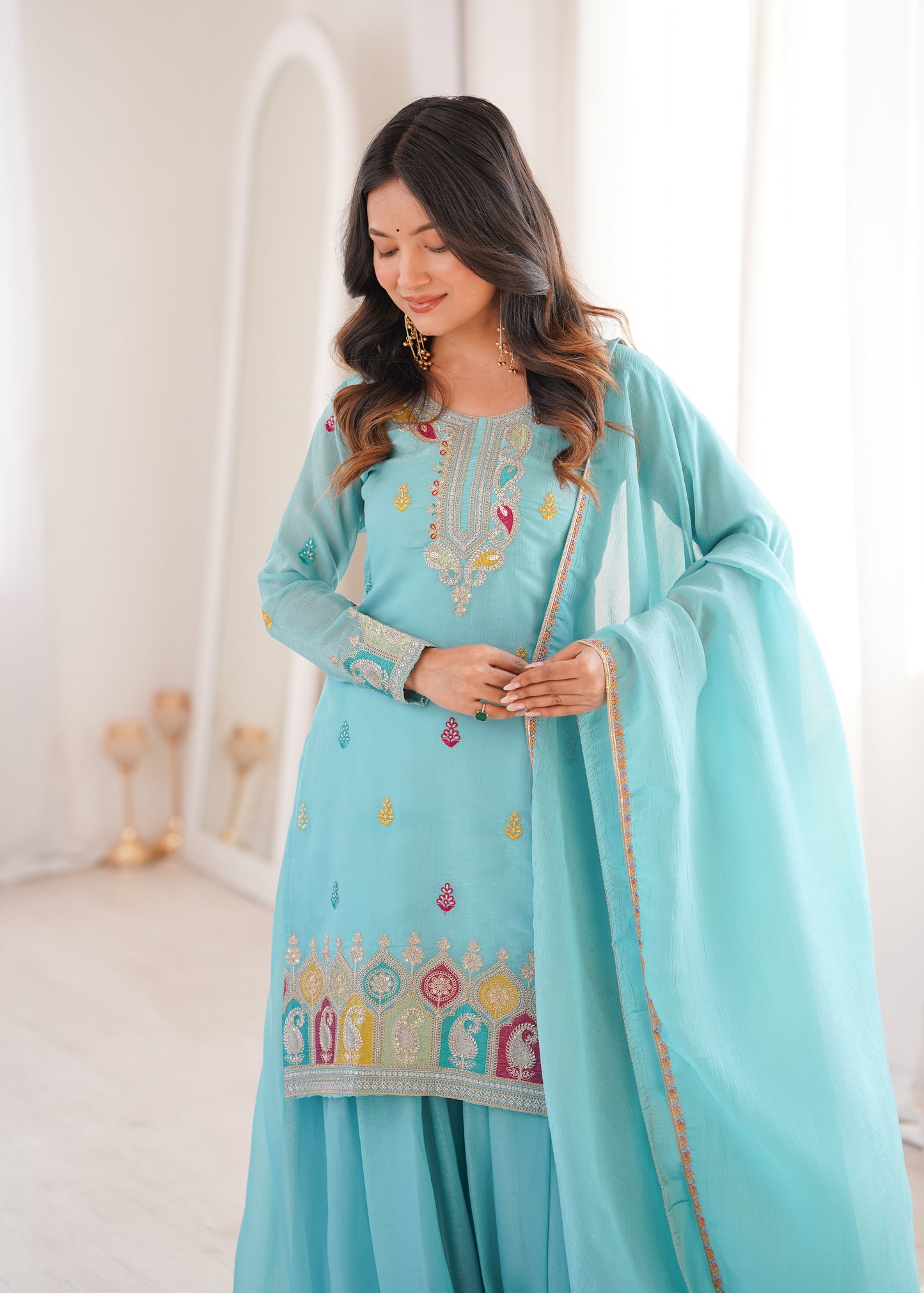 Sky Blue Soft Crunchy Silk Embroidered Kurta Palazzo Set with Dupatta