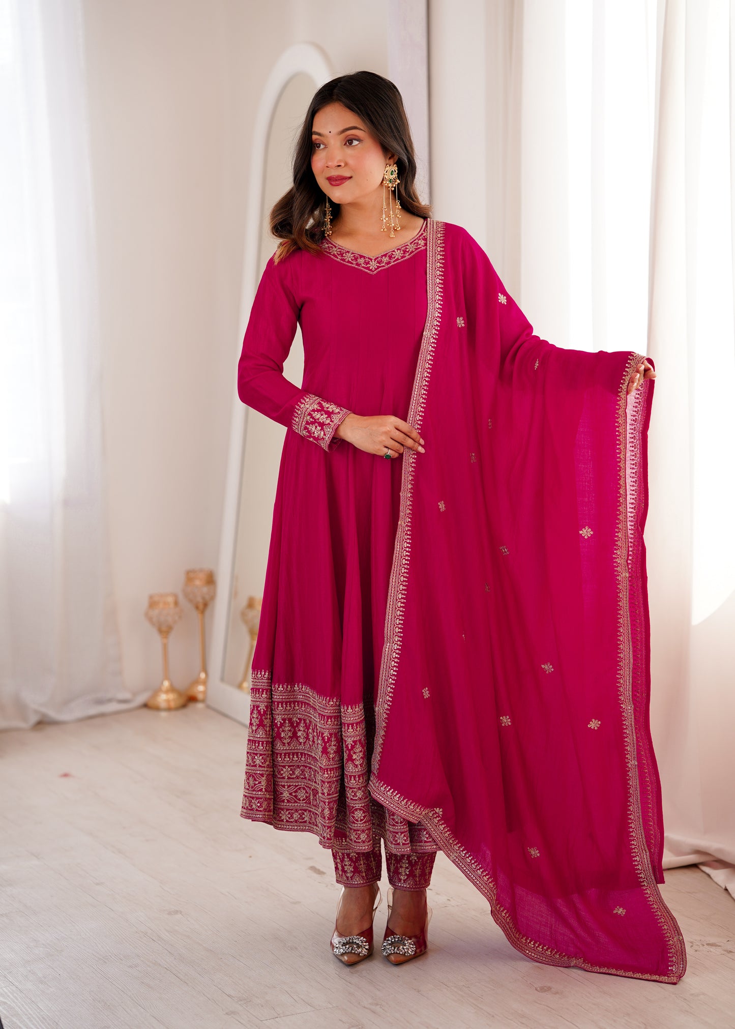 Dark Pink Silk Anarkali Salwar Suit Party Wear for Women