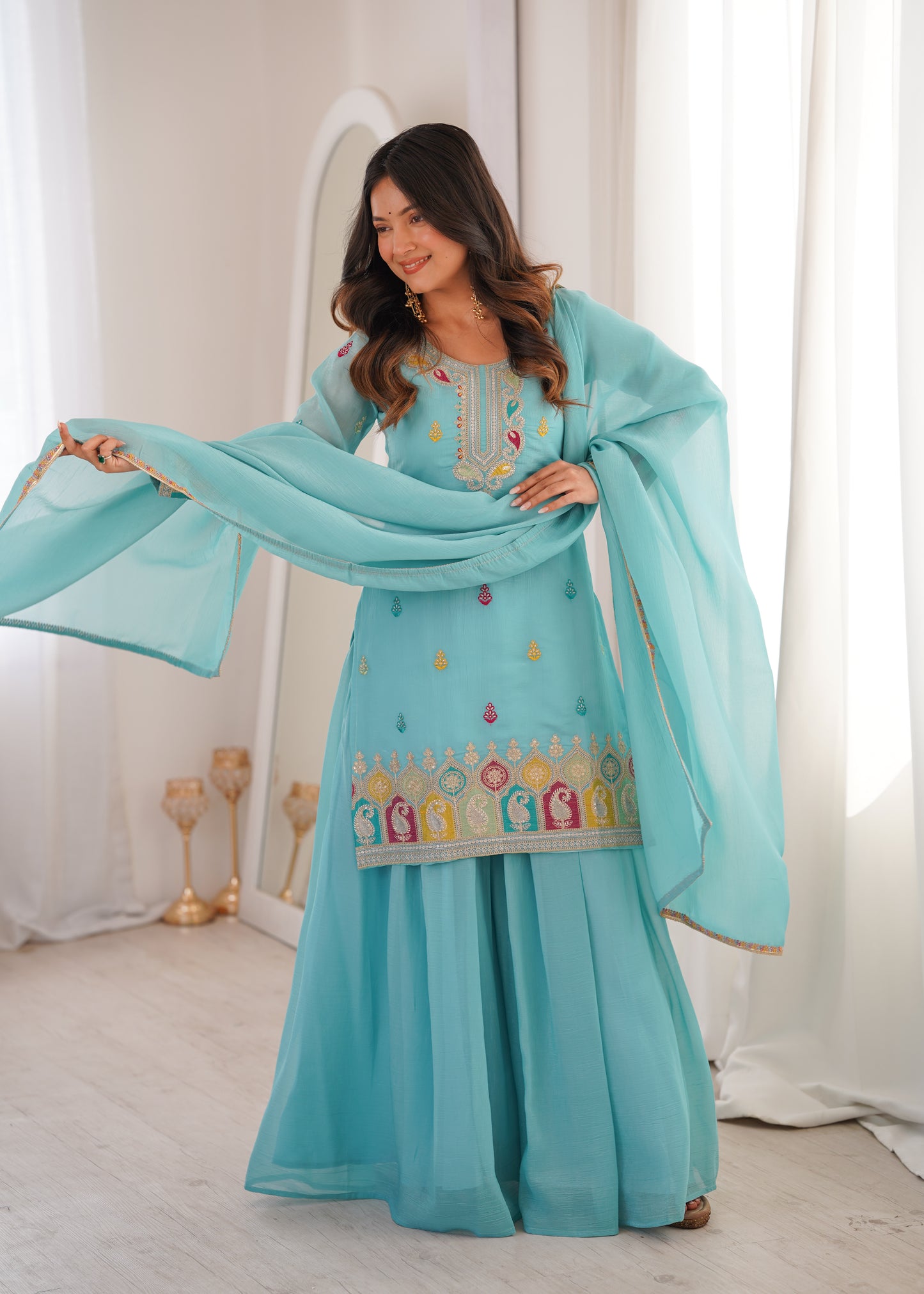 Sky Blue Soft Crunchy Silk Embroidered Kurta Palazzo Set with Dupatta