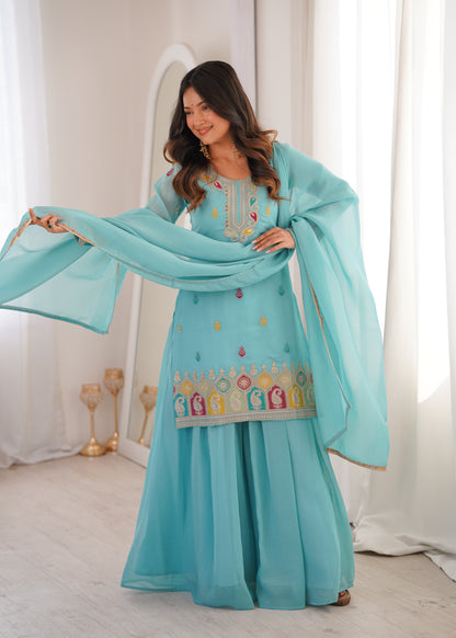 Sky Blue Soft Crunchy Silk Embroidered Kurta Palazzo Set with Dupatta