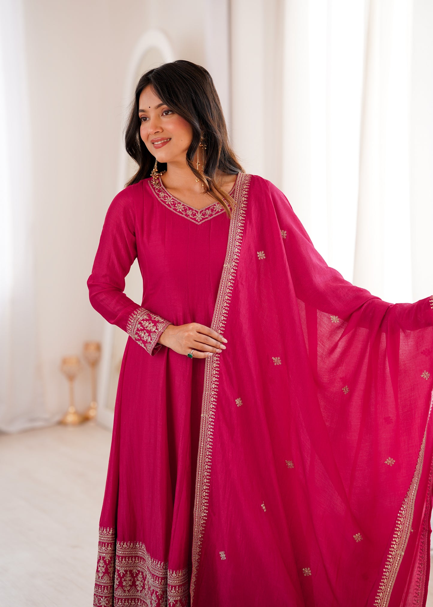 Dark Pink Silk Anarkali Salwar Suit Party Wear for Women