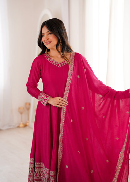 Dark Pink Silk Anarkali Salwar Suit Party Wear for Women