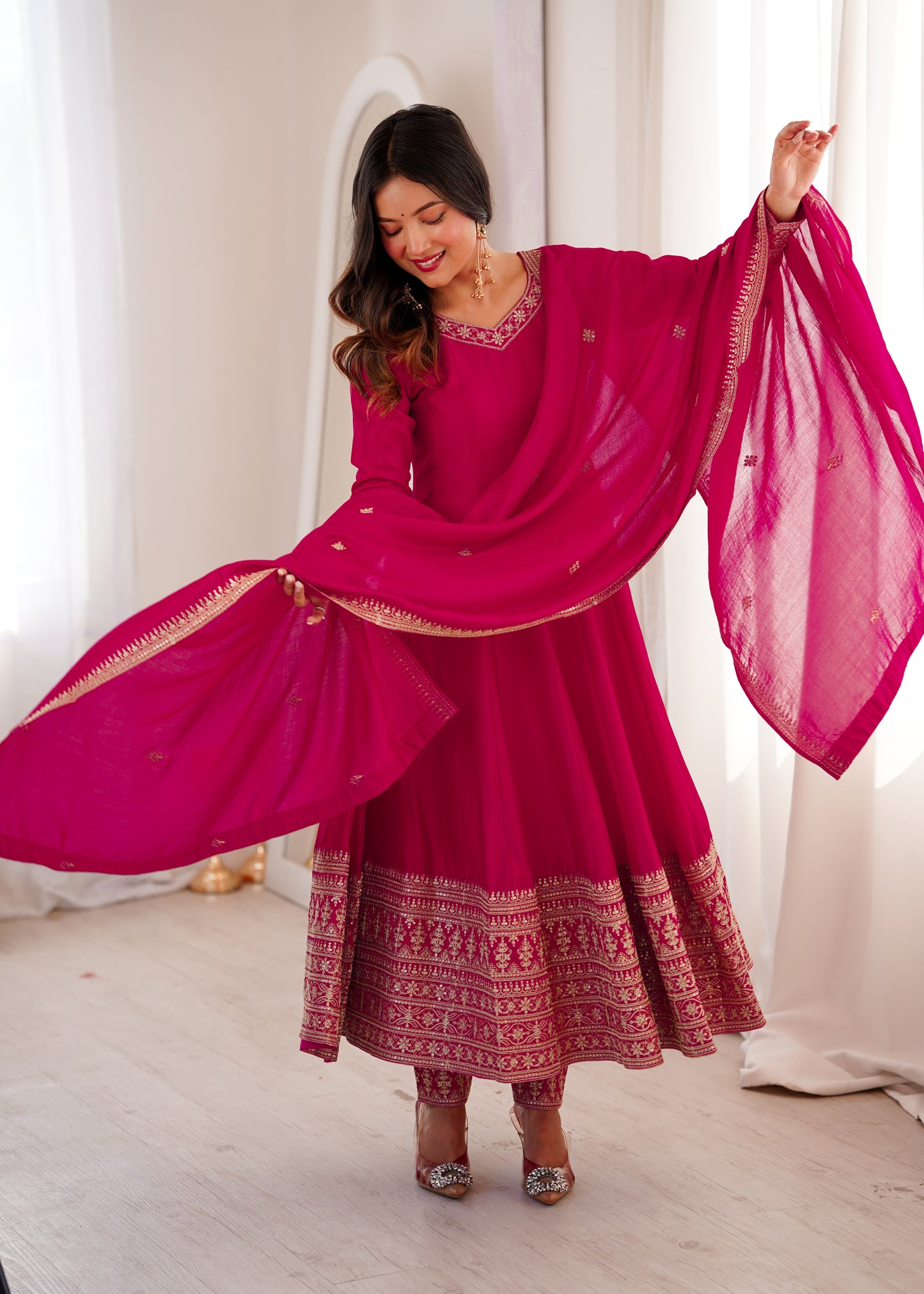 Dark Pink Silk Anarkali Salwar Suit Party Wear for Women