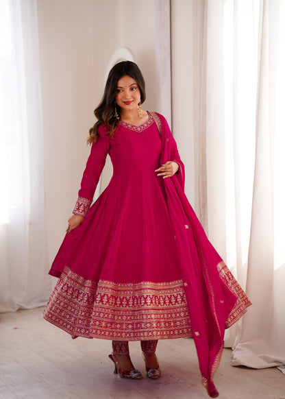 Dark Pink Silk Anarkali Salwar Suit Party Wear for Women