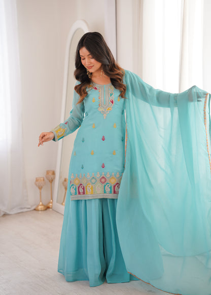 Sky Blue Soft Crunchy Silk Embroidered Kurta Palazzo Set with Dupatta