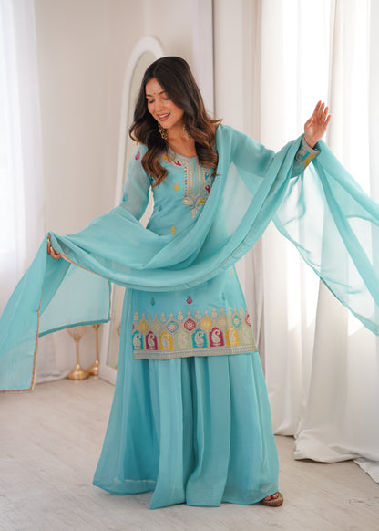 Sky Blue Soft Crunchy Silk Embroidered Kurta Palazzo Set with Dupatta