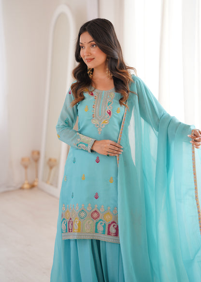 Sky Blue Soft Crunchy Silk Embroidered Kurta Palazzo Set with Dupatta