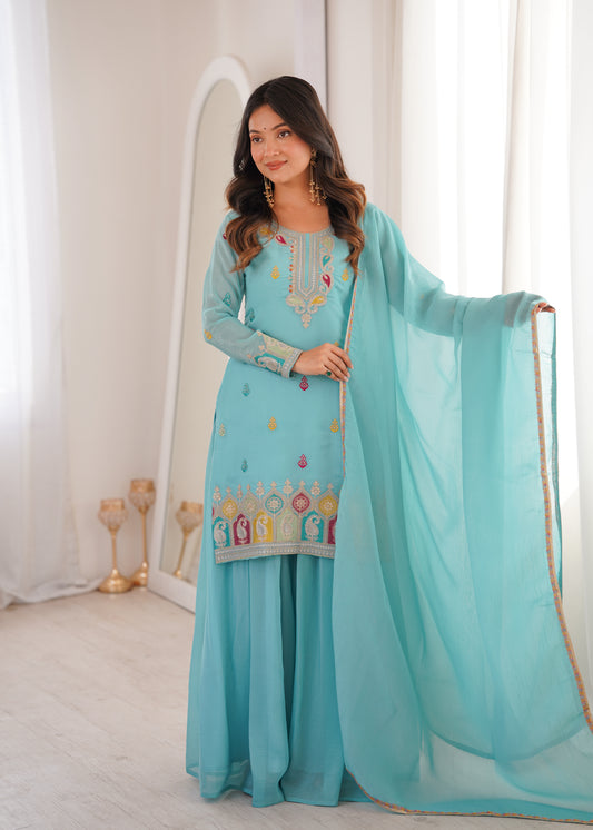 Sky Blue Soft Crunchy Silk Embroidered Kurta Palazzo Set with Dupatta