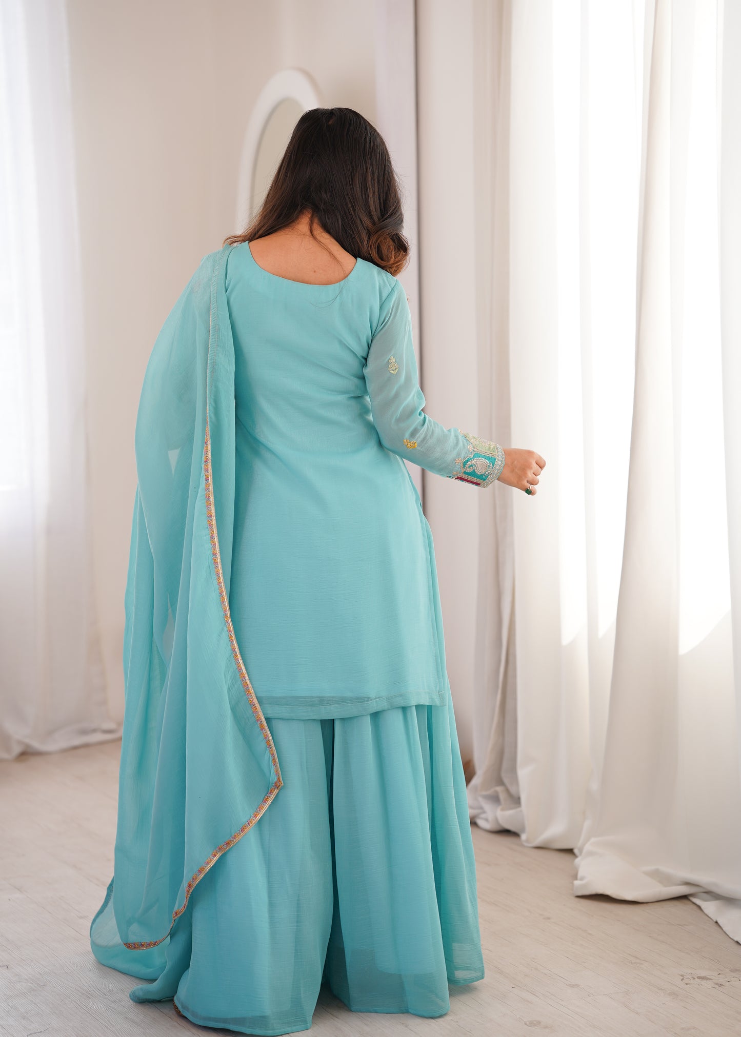 Sky Blue Soft Crunchy Silk Embroidered Kurta Palazzo Set with Dupatta