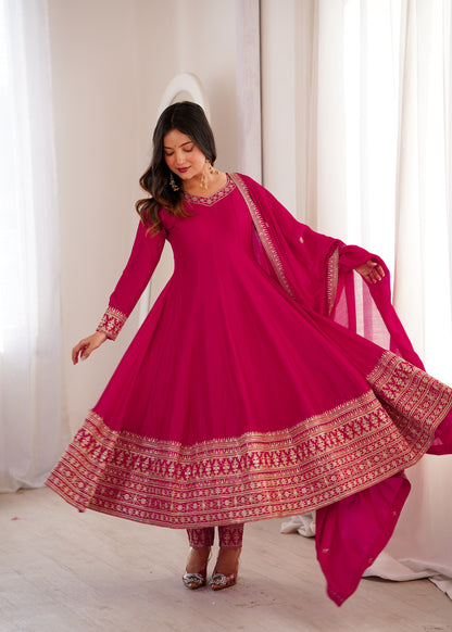 Dark Pink Silk Anarkali Salwar Suit Party Wear for Women
