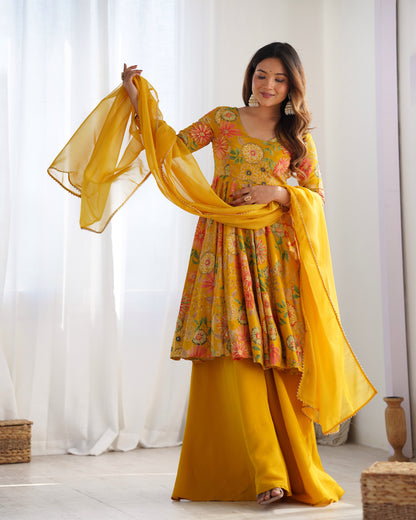 Floral Romansilk Chanderi Kediya Kurta Palazzo Set with Dupatta
