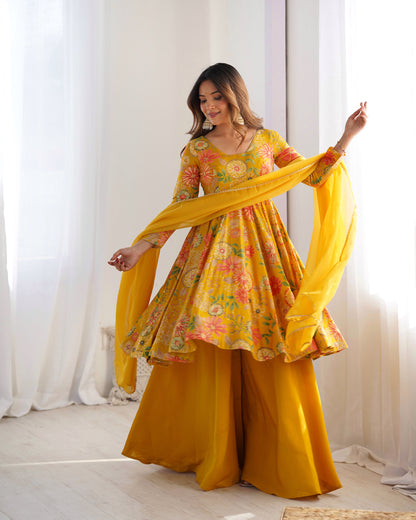 Floral Romansilk Chanderi Kediya Kurta Palazzo Set with Dupatta