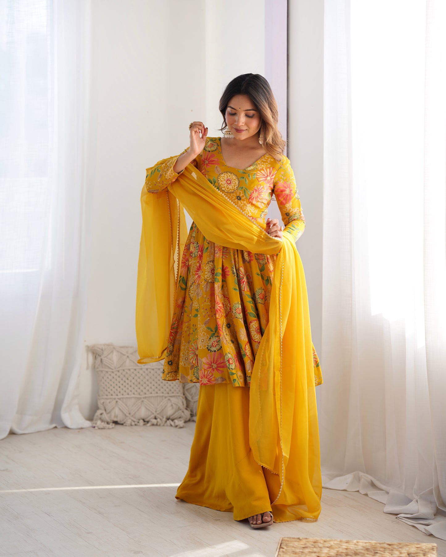Floral Romansilk Chanderi Kediya Kurta Palazzo Set with Dupatta