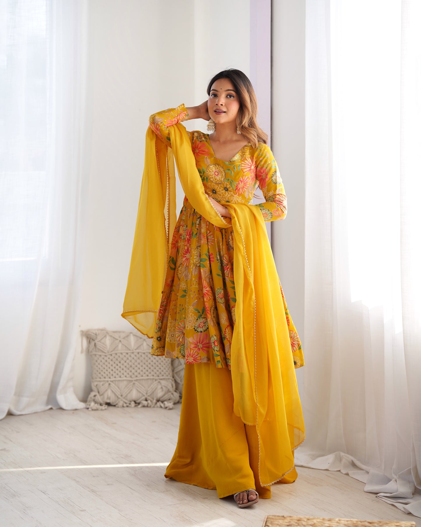 Floral Romansilk Chanderi Kediya Kurta Palazzo Set with Dupatta