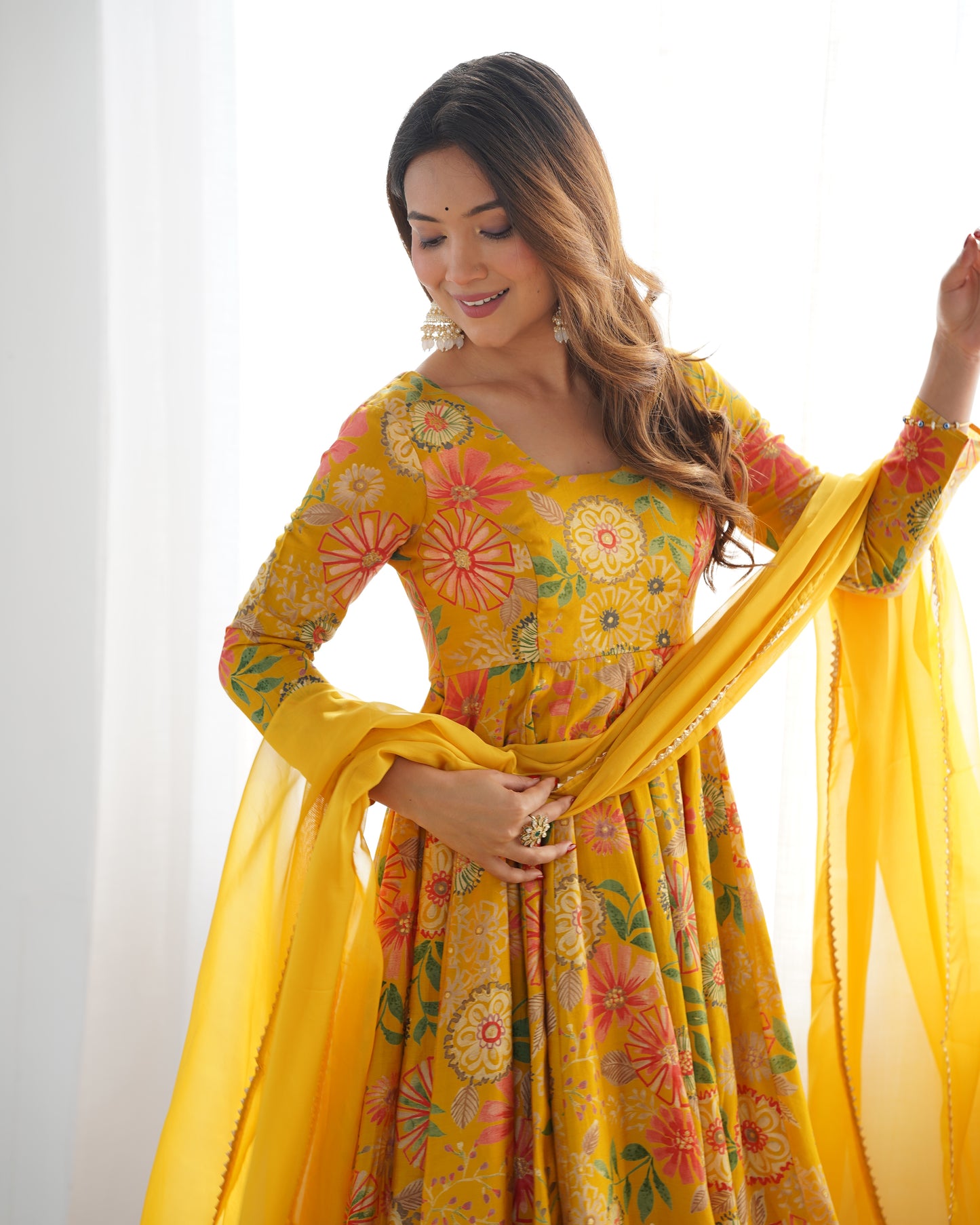 Floral Romansilk Chanderi Kediya Kurta Palazzo Set with Dupatta