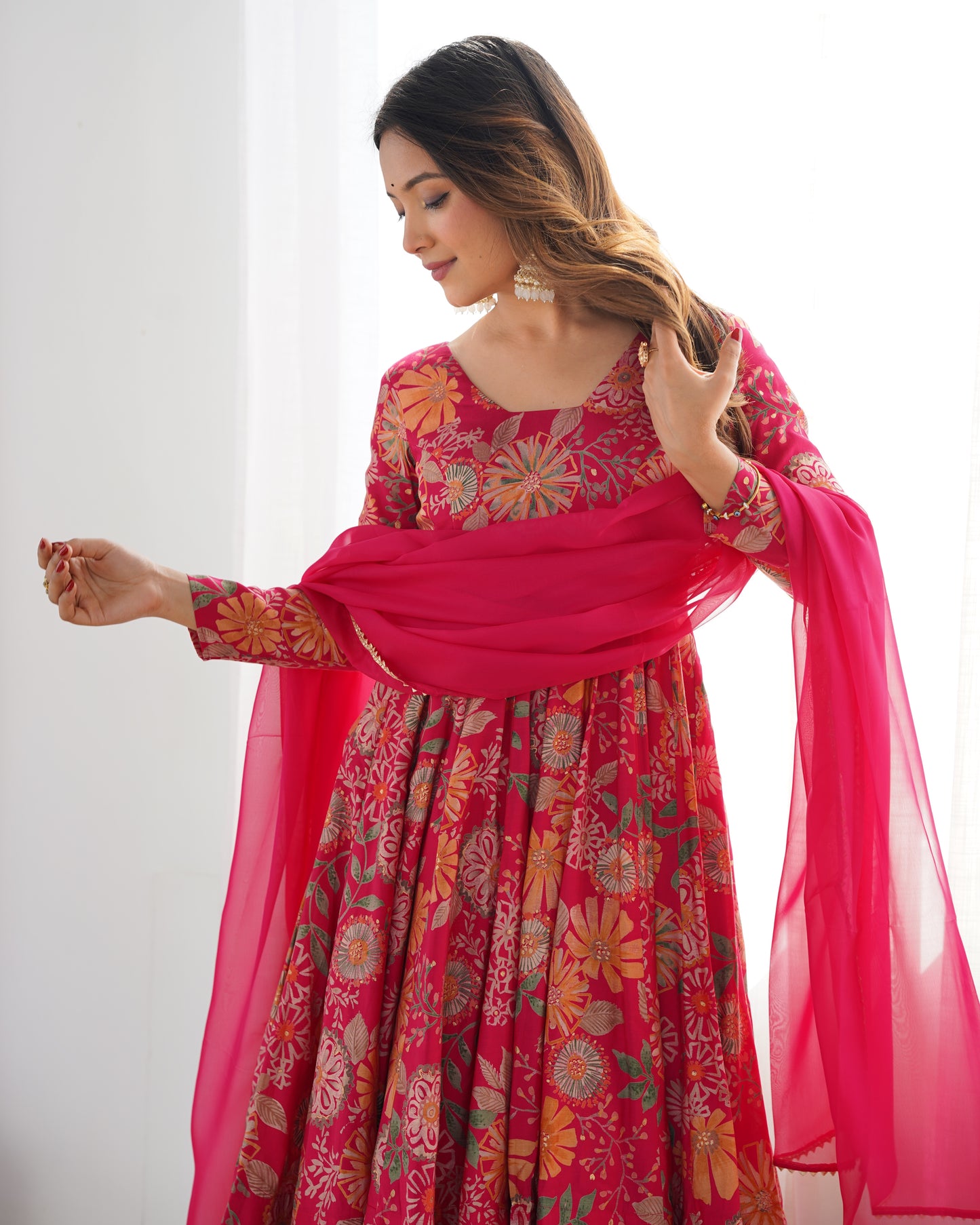 Floral Romansilk Chanderi Kediya Kurta Palazzo Set with Dupatta