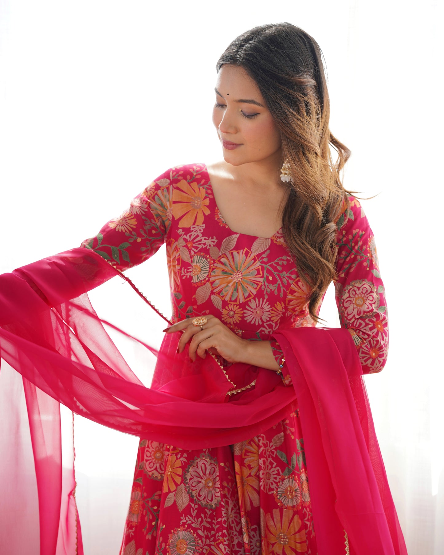 Floral Romansilk Chanderi Kediya Kurta Palazzo Set with Dupatta