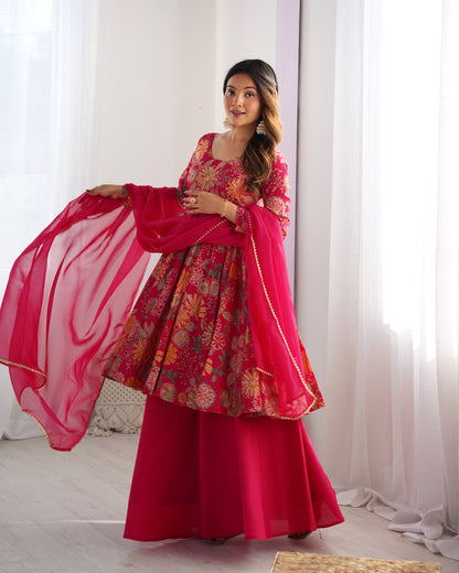 Floral Romansilk Chanderi Kediya Kurta Palazzo Set with Dupatta