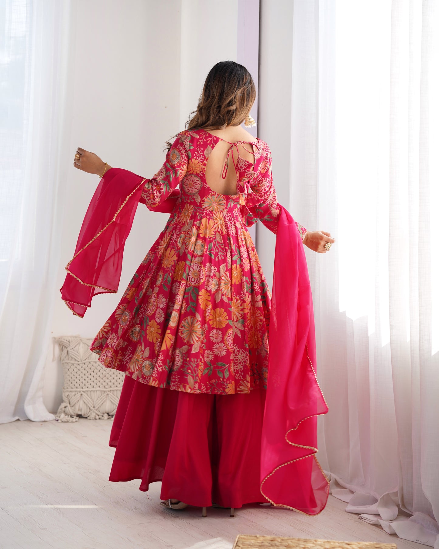 Floral Romansilk Chanderi Kediya Kurta Palazzo Set with Dupatta