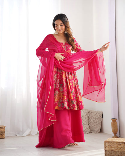 Floral Romansilk Chanderi Kediya Kurta Palazzo Set with Dupatta