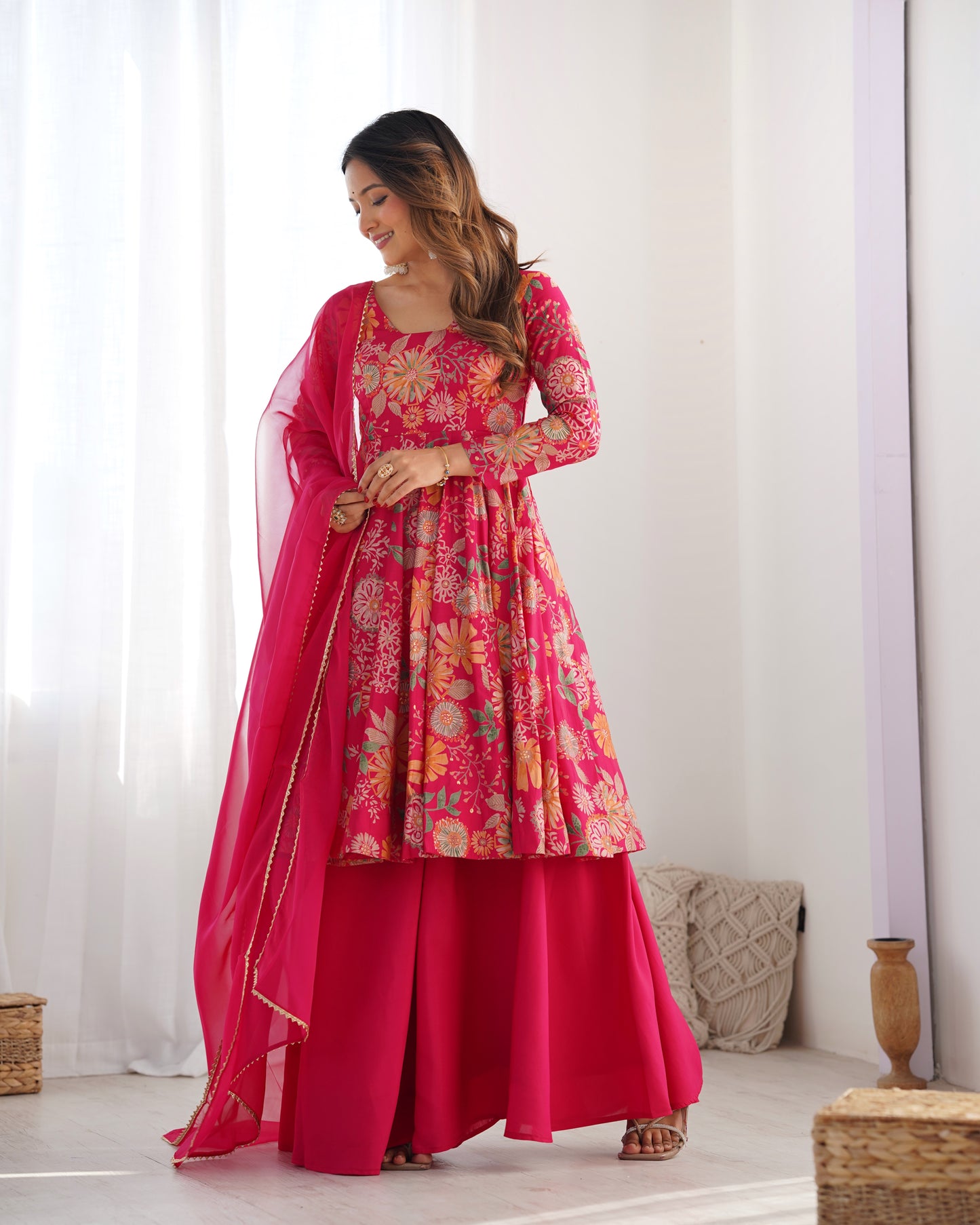 Floral Romansilk Chanderi Kediya Kurta Palazzo Set with Dupatta