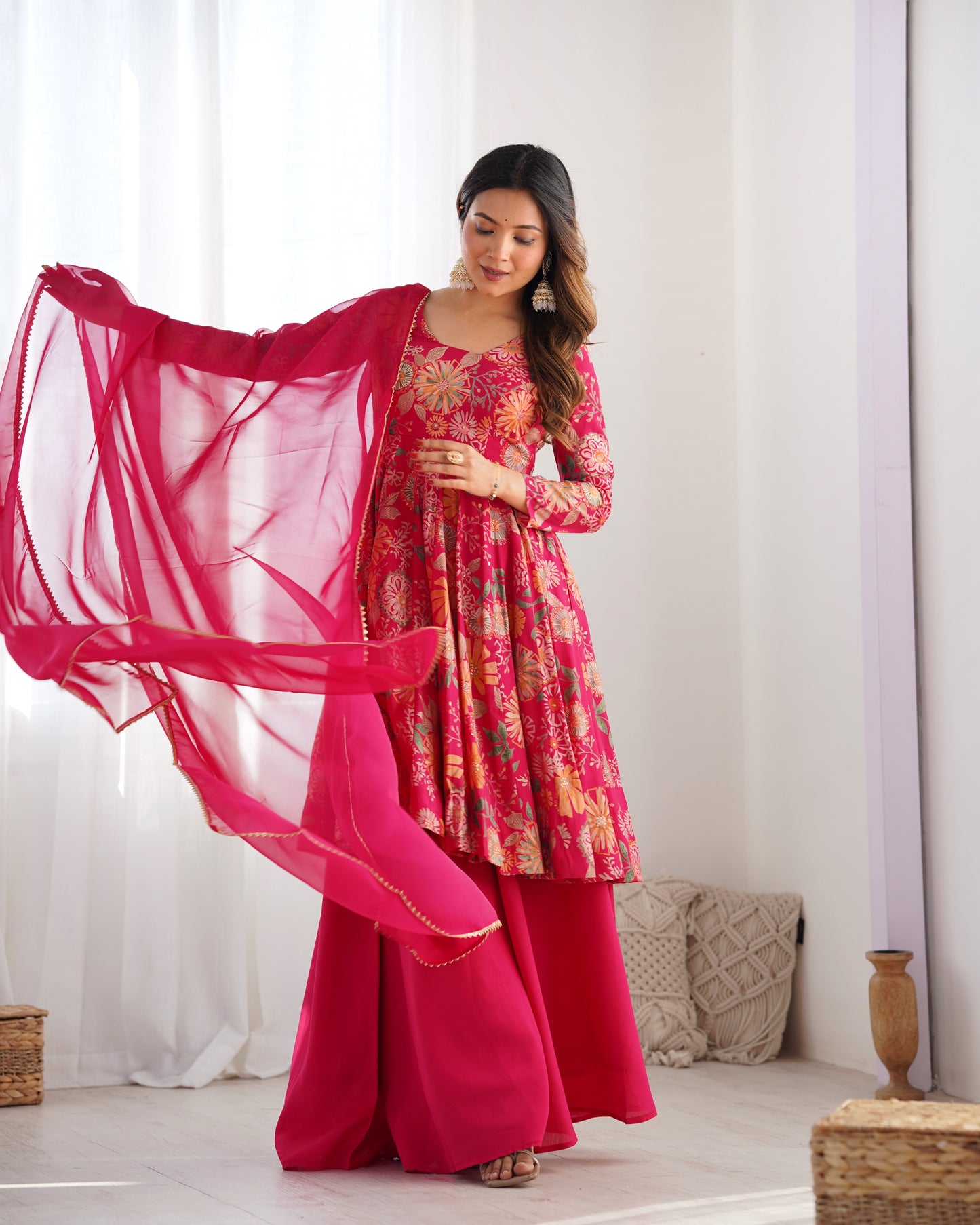 Floral Romansilk Chanderi Kediya Kurta Palazzo Set with Dupatta