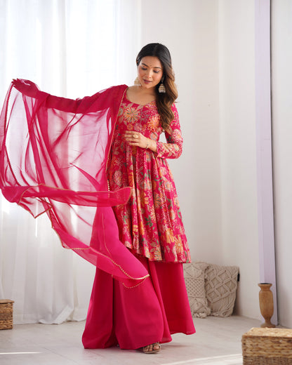 Floral Romansilk Chanderi Kediya Kurta Palazzo Set with Dupatta