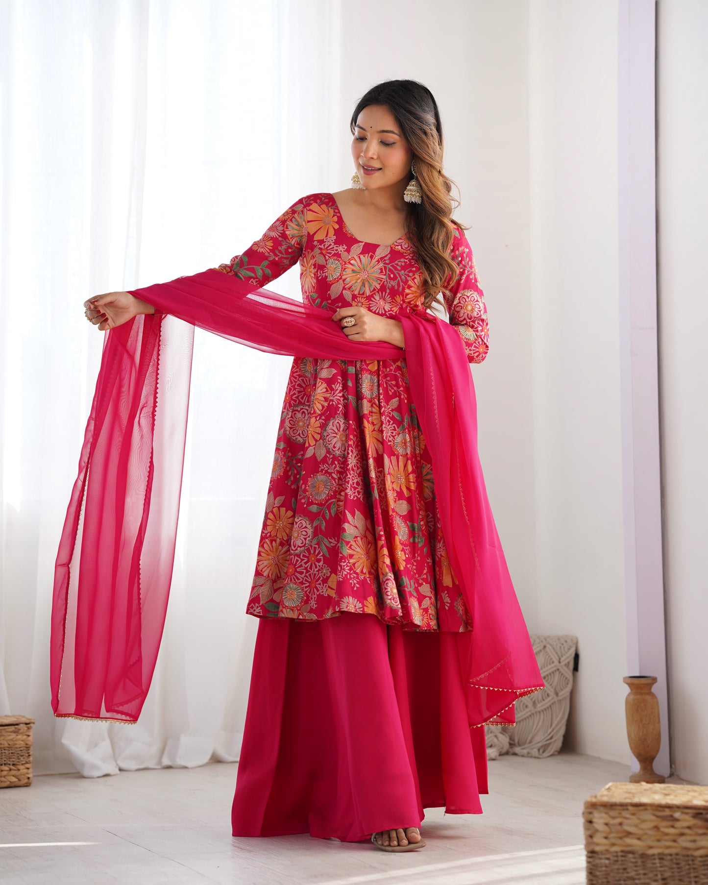 Floral Romansilk Chanderi Kediya Kurta Palazzo Set with Dupatta