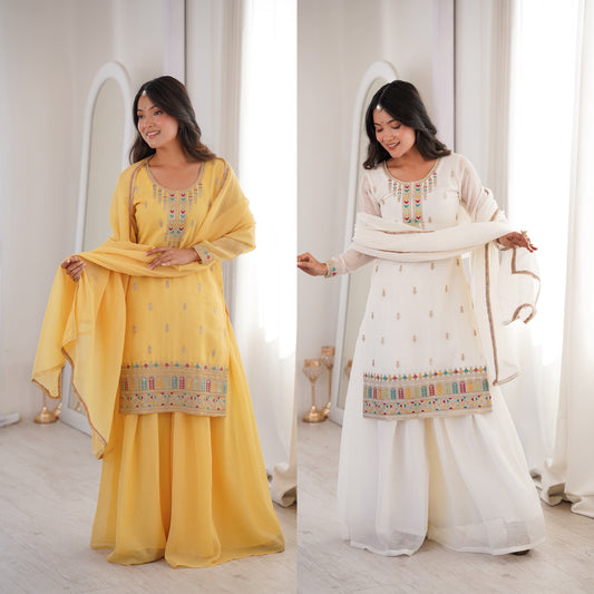 Pakistani Suit Party Wear Sharara Set in Soft Crunchy Silk